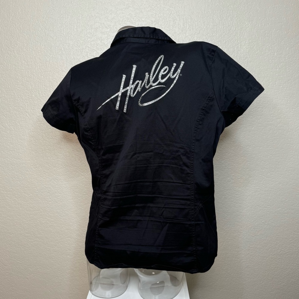 Harley Davidson Womens Black and Silver zip up collared V-Neck Shirt Size Large